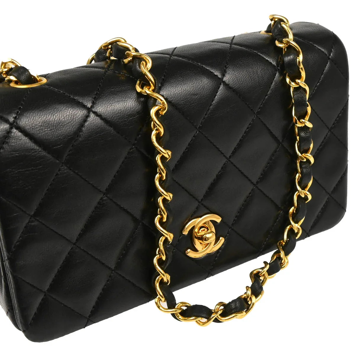 Chanel 1989-1991 Black Lambskin Turnlock Mini Full Flap Shoulder Bag