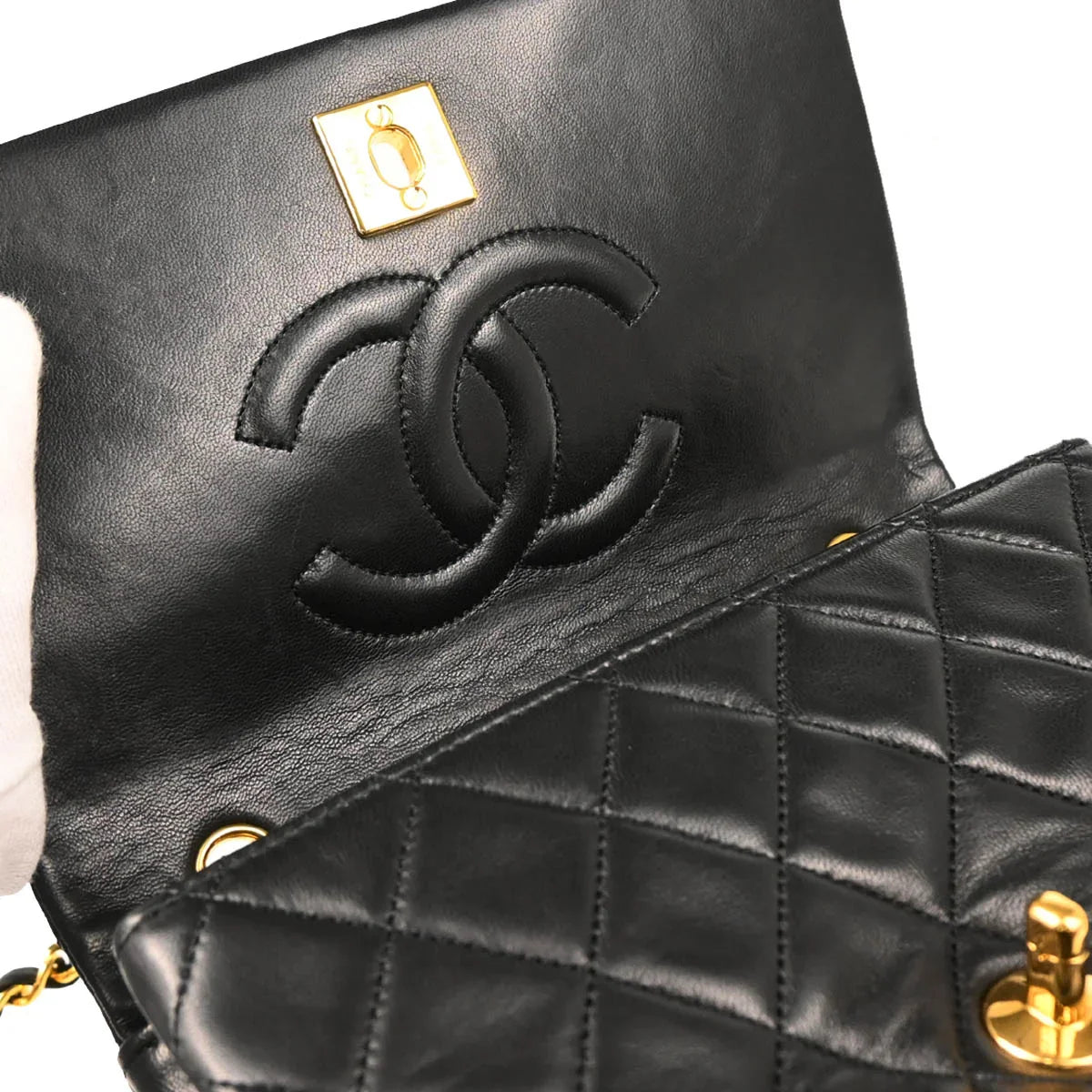 Chanel 1989-1991 Black Lambskin Turnlock Mini Full Flap Shoulder Bag