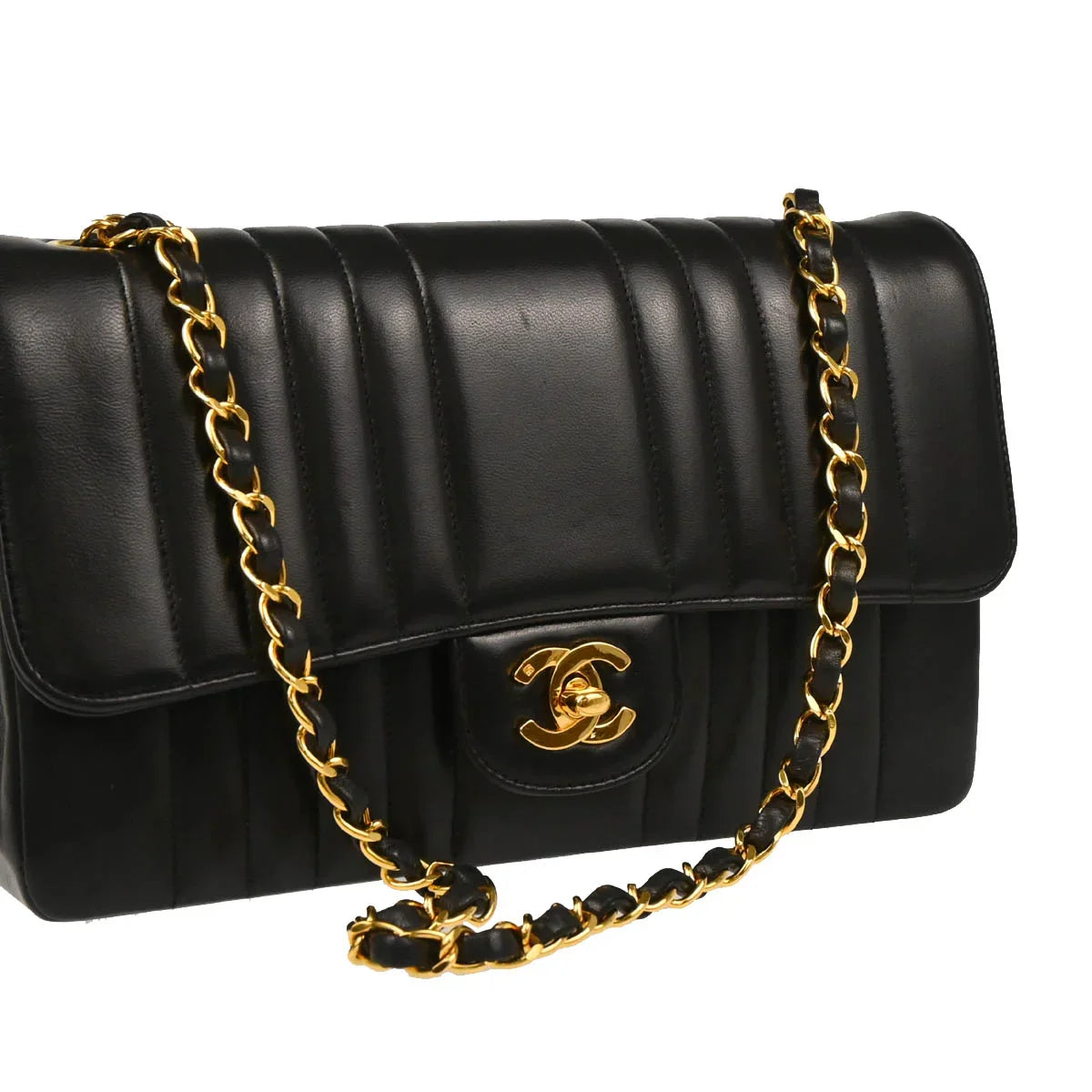 Chanel 1991-1994 Black Lambskin Mademoiselle Single Flap Shoulder Bag
