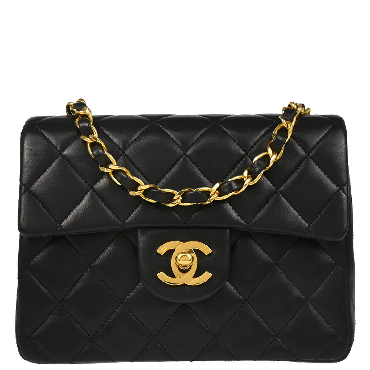 Chanel 1989-1991 Black Lambskin Mini Classic Square Flap Shoulder Bag