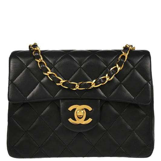 Chanel 1989-1991 Black Lambskin Mini Classic Square Flap Shoulder Bag