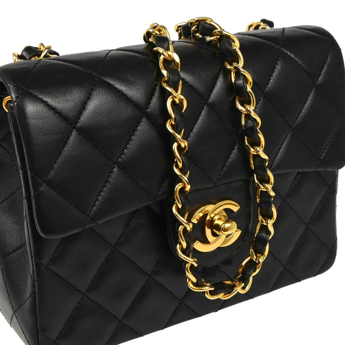Chanel 1989-1991 Black Lambskin Mini Classic Square Flap Shoulder Bag