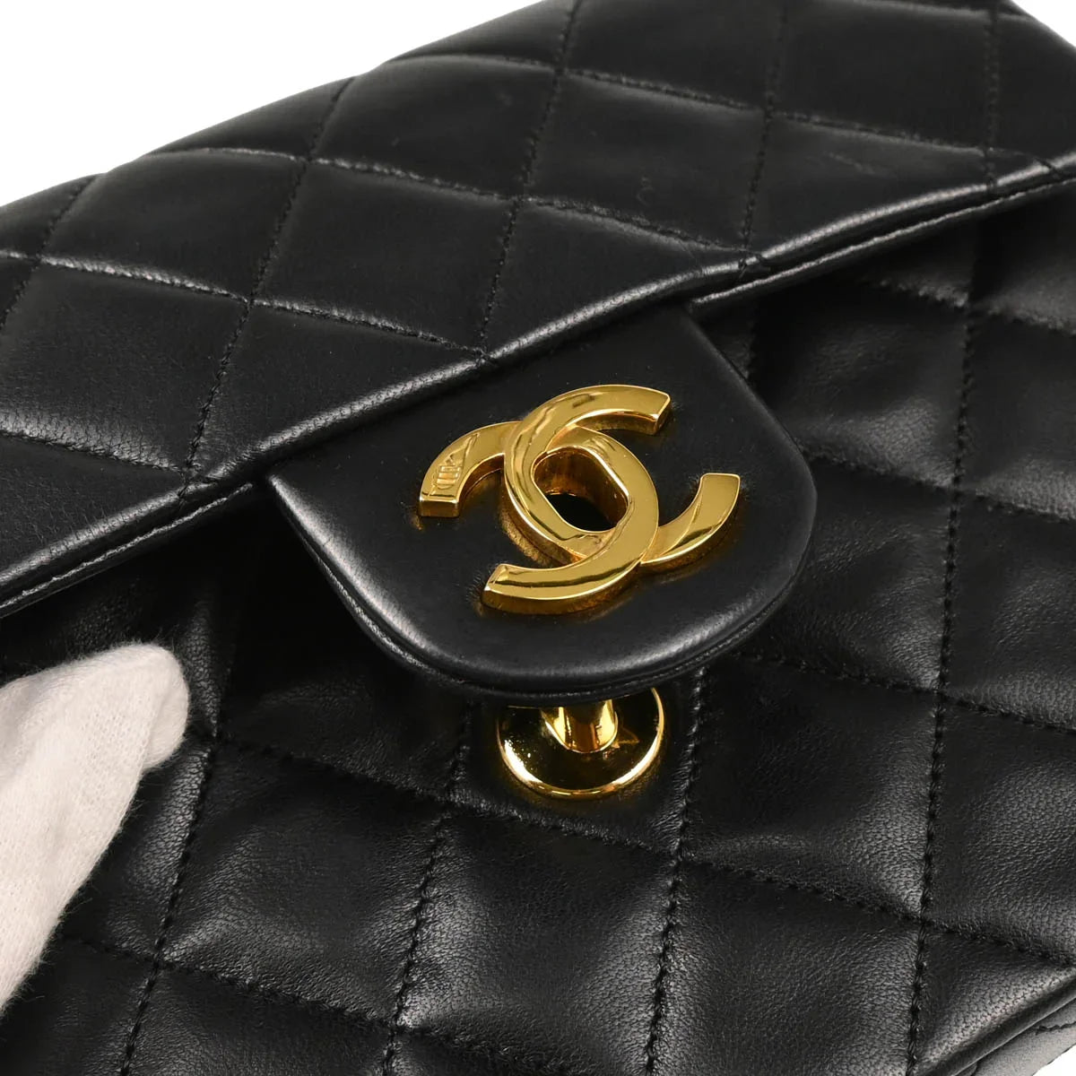 Chanel 1989-1991 Black Lambskin Mini Classic Square Flap Shoulder Bag