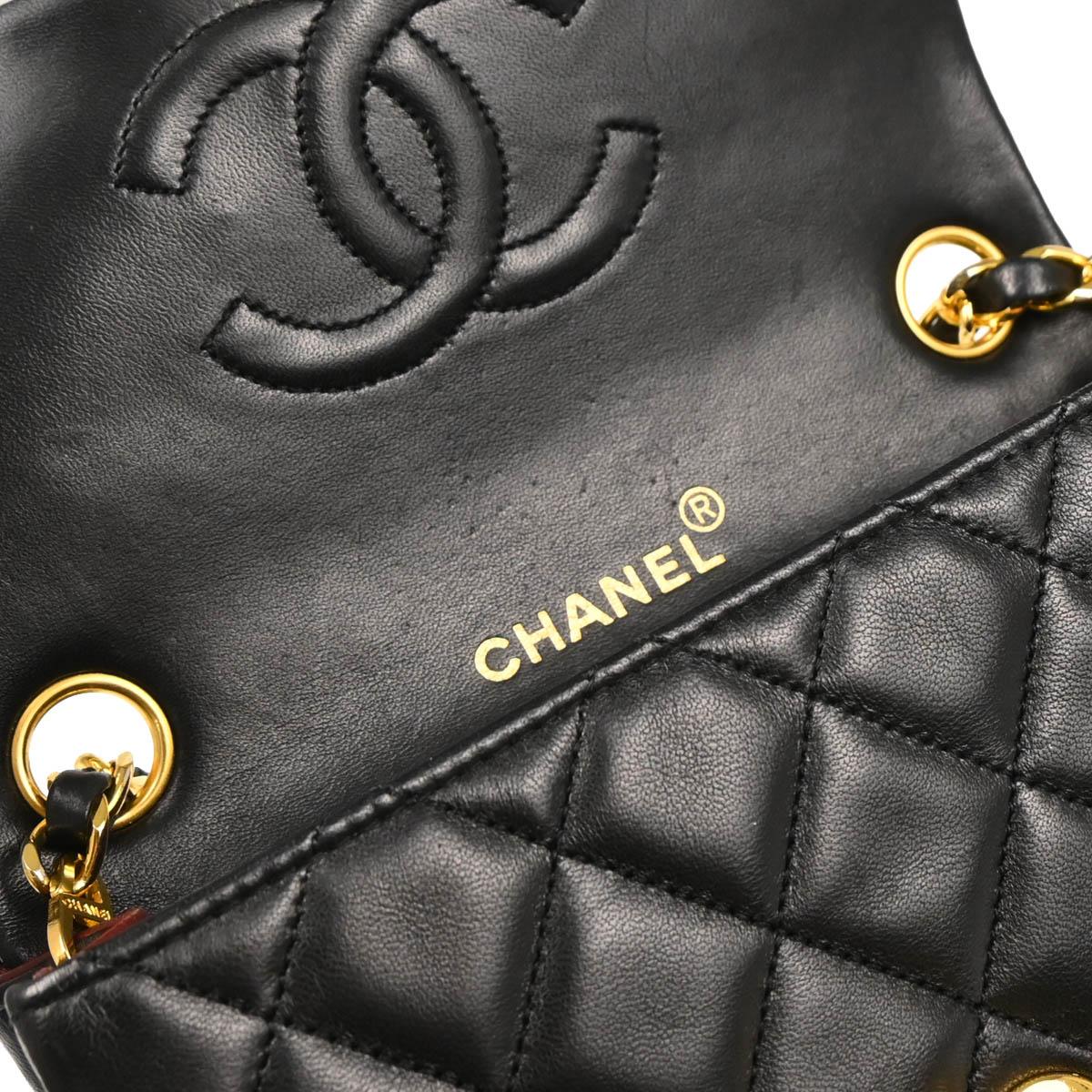Chanel 1989-1991 Black Lambskin Mini Classic Square Flap Shoulder Bag