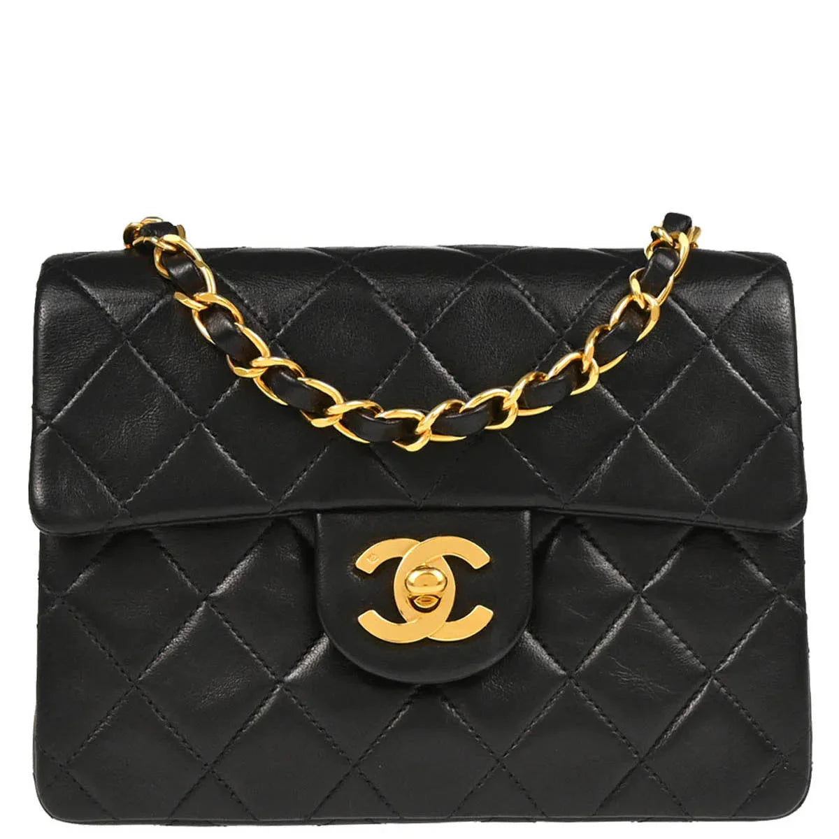 Chanel 1991-1994 Black Lambskin Mini Classic Square Flap Shoulder Bag