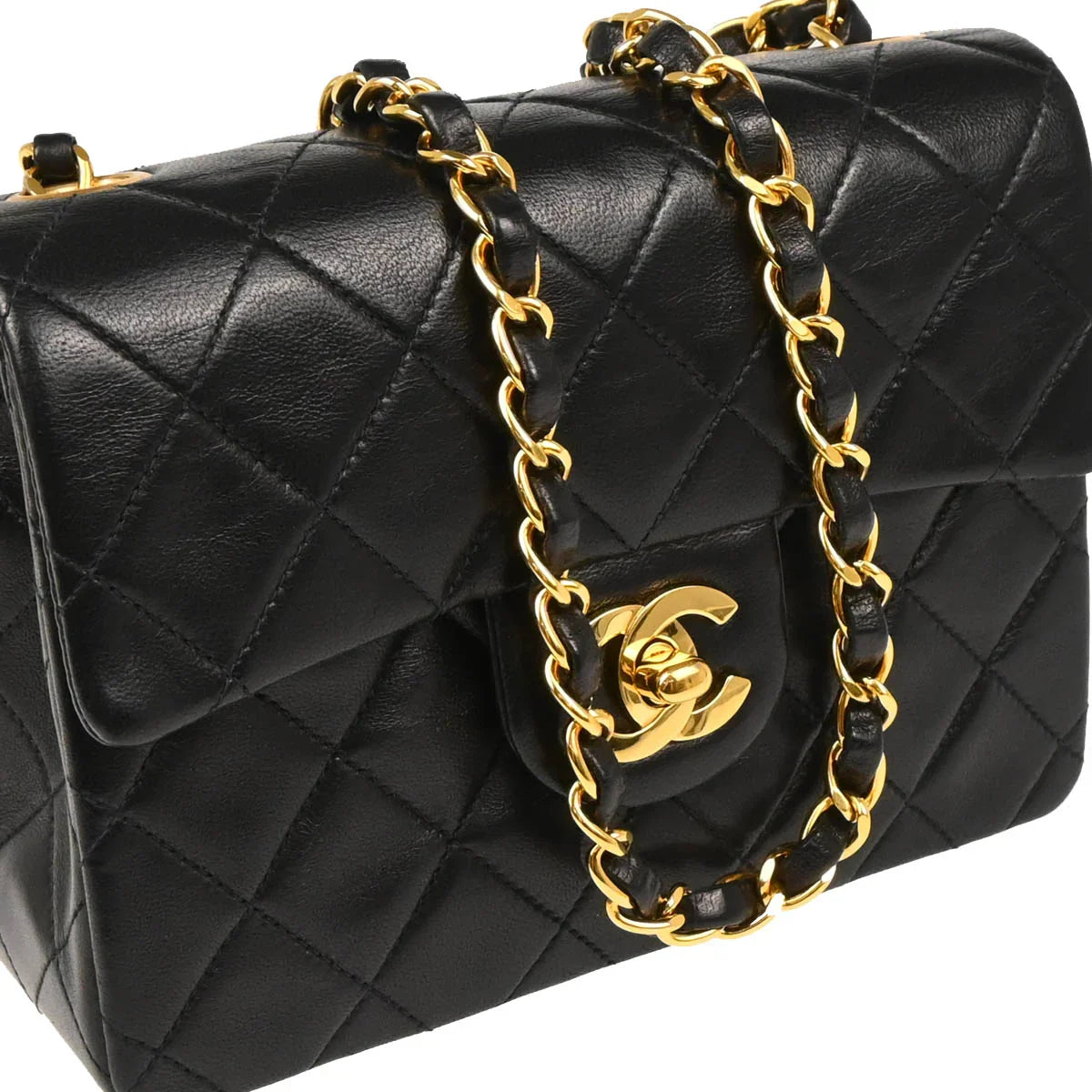 Chanel 1991-1994 Black Lambskin Mini Classic Square Flap Shoulder Bag
