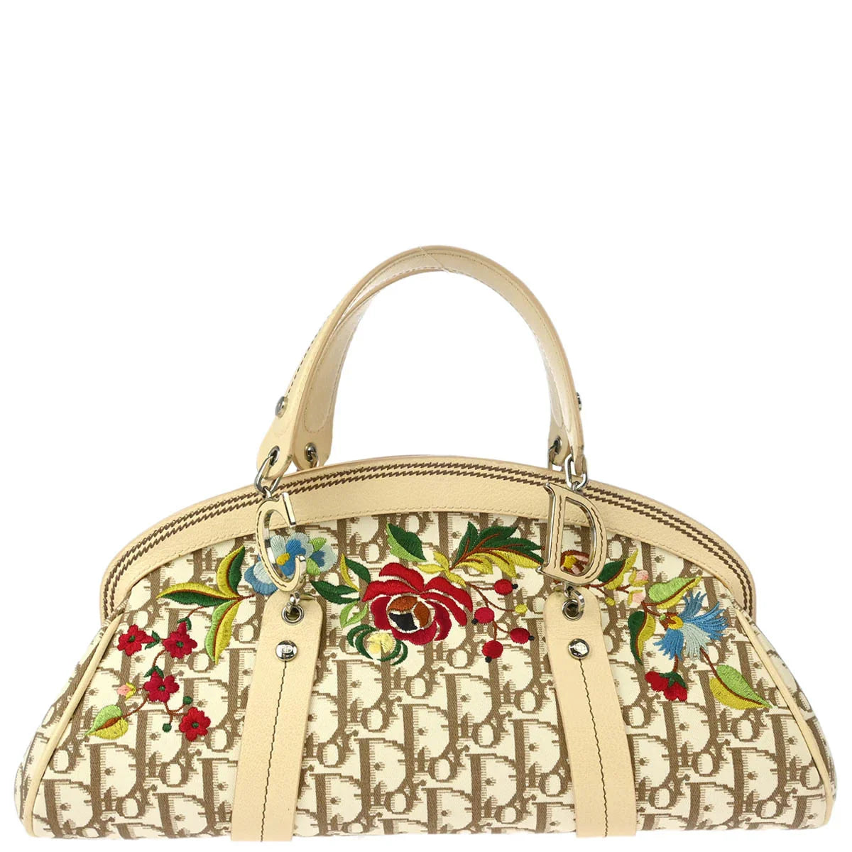 Christian Dior 2005 White Trotter Embroidered Flower Handbag