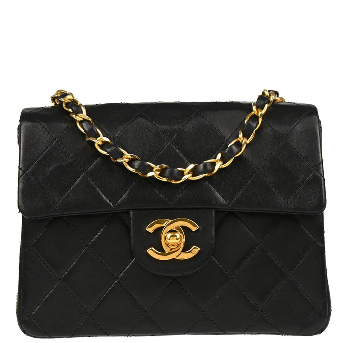 Chanel 1986-1988 Black Lambskin Mini Classic Square Flap Shoulder Bag