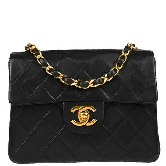 Chanel 1986-1988 Black Lambskin Mini Classic Square Flap Shoulder Bag