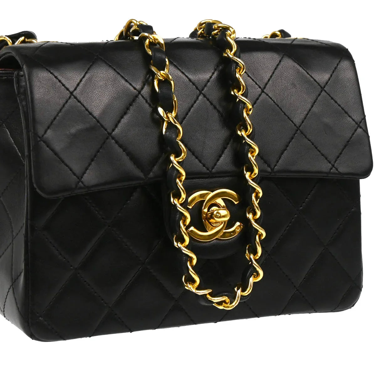 Chanel 1986-1988 Black Lambskin Mini Classic Square Flap Shoulder Bag