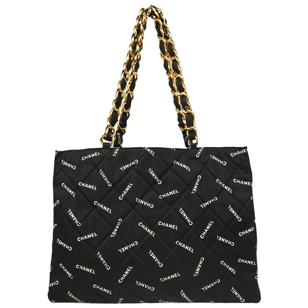 Chanel 1994-1996 Black Canvas Logo Print Chain Tote Handbag
