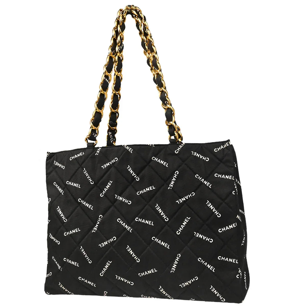 Chanel 1994-1996 Black Canvas Logo Print Chain Tote Handbag