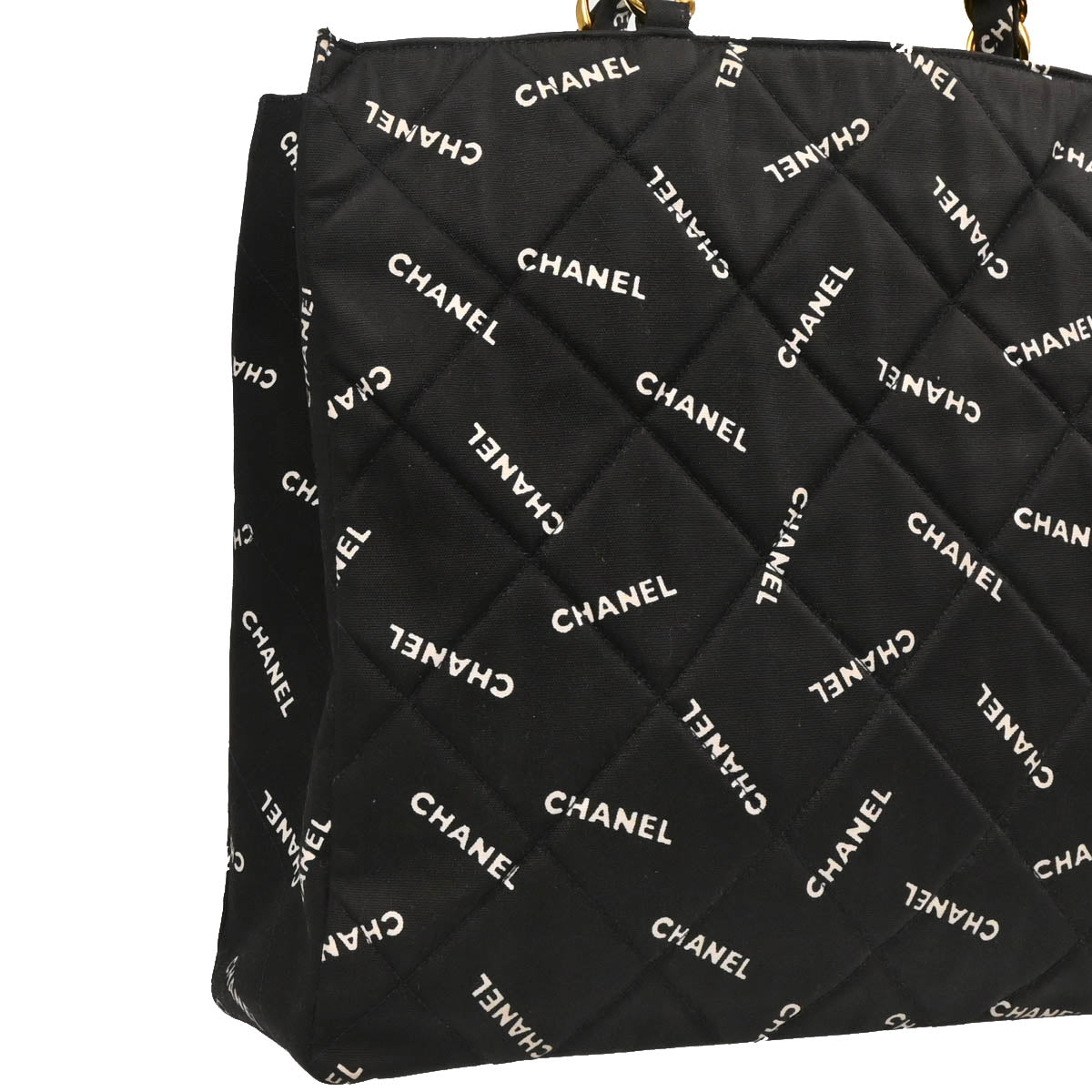 Chanel 1994-1996 Black Canvas Logo Print Chain Tote Handbag