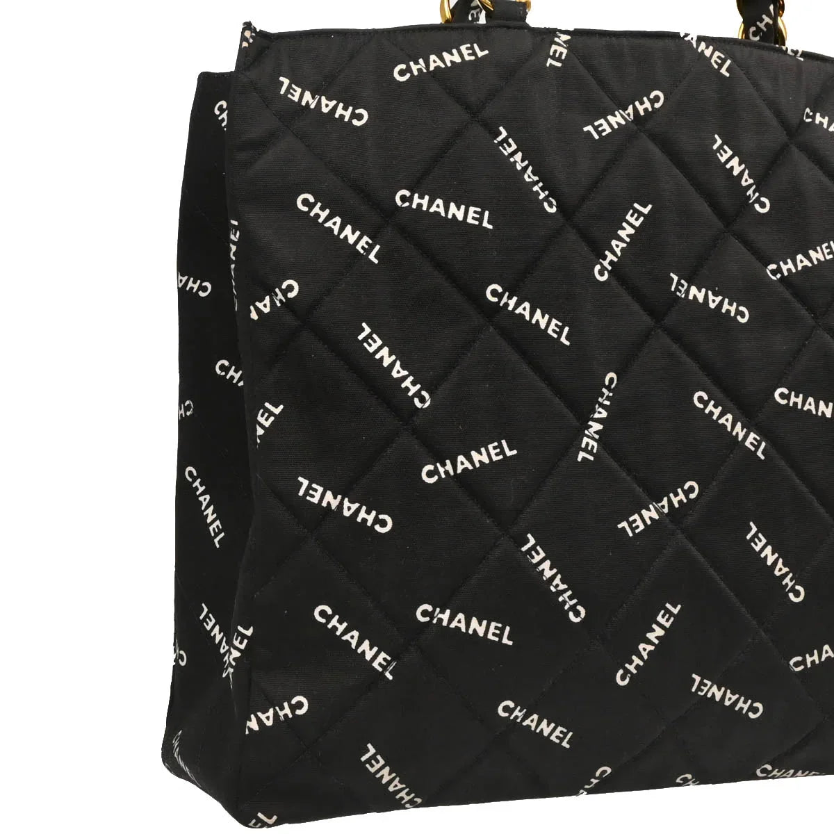 Chanel 1994-1996 Black Canvas Logo Print Chain Tote Handbag