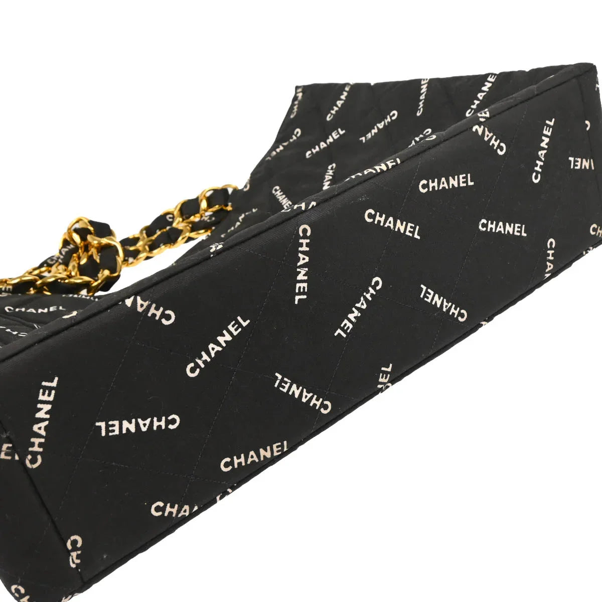 Chanel 1994-1996 Black Canvas Logo Print Chain Tote Handbag