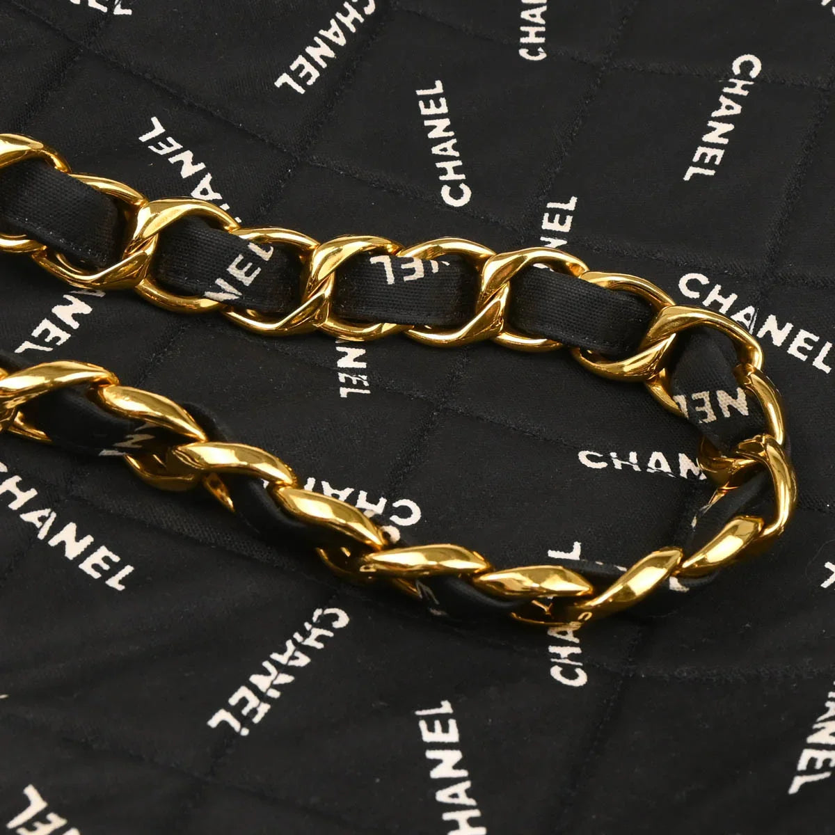 Chanel 1994-1996 Black Canvas Logo Print Chain Tote Handbag