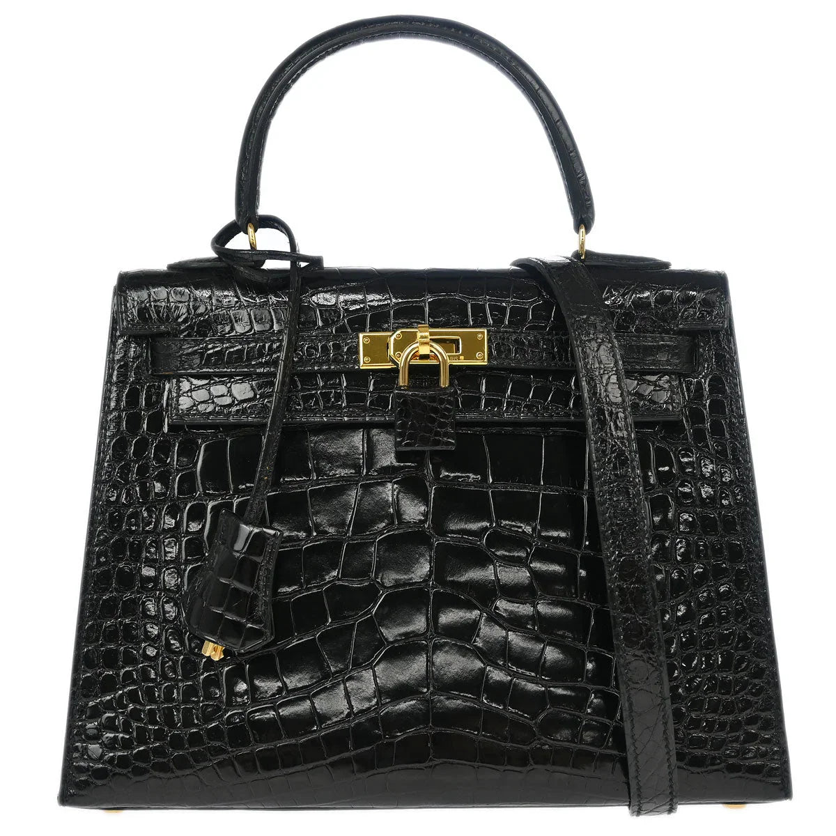 Hermes * Black Alligator Kelly 25 Sellier 2way Shoulder Handbag