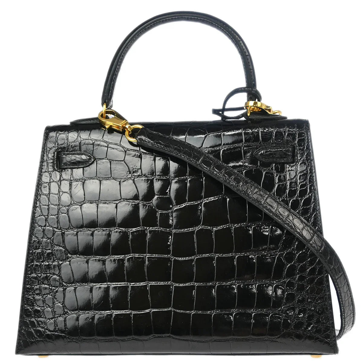 Hermes * Black Alligator Kelly 25 Sellier 2way Shoulder Handbag