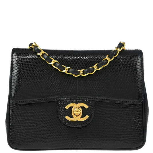 Chanel 1989-1991 * Black Lizard Mini Classic Square Flap Shoulder Bag