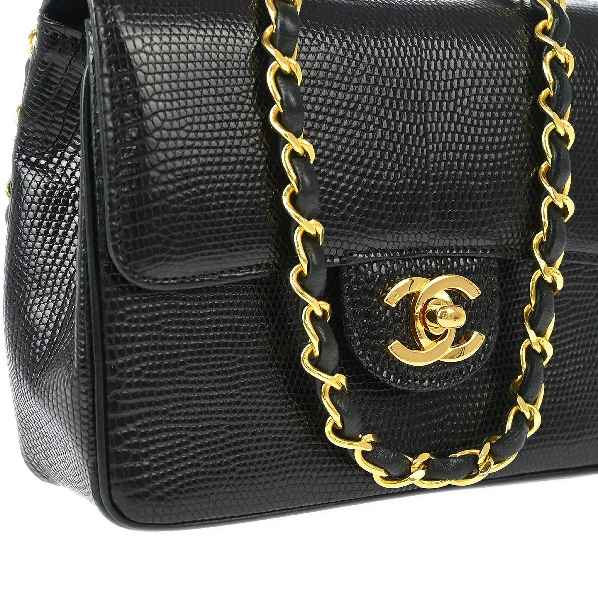 Chanel 1989-1991 * Black Lizard Mini Classic Square Flap Shoulder Bag