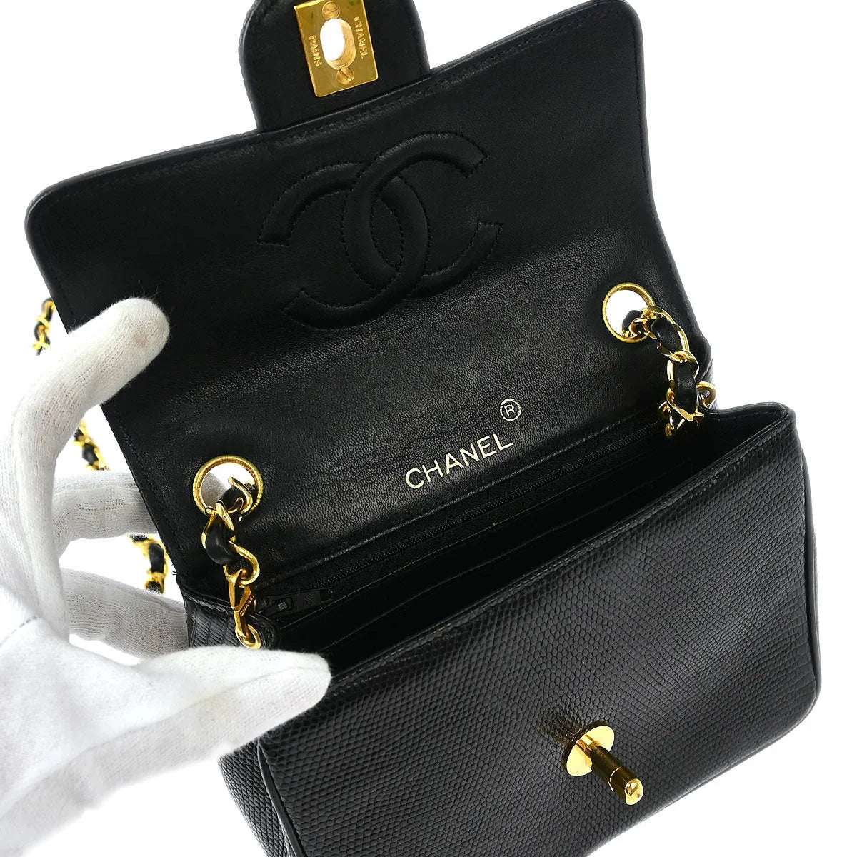 Chanel 1989-1991 * Black Lizard Mini Classic Square Flap Shoulder Bag