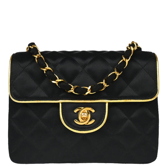 Chanel 1989-1991 Black Satin Mini Classic Square Flap Shoulder Bag
