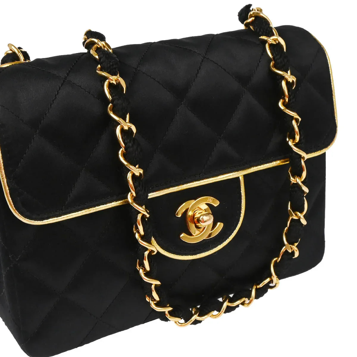 Chanel 1989-1991 Black Satin Mini Classic Square Flap Shoulder Bag