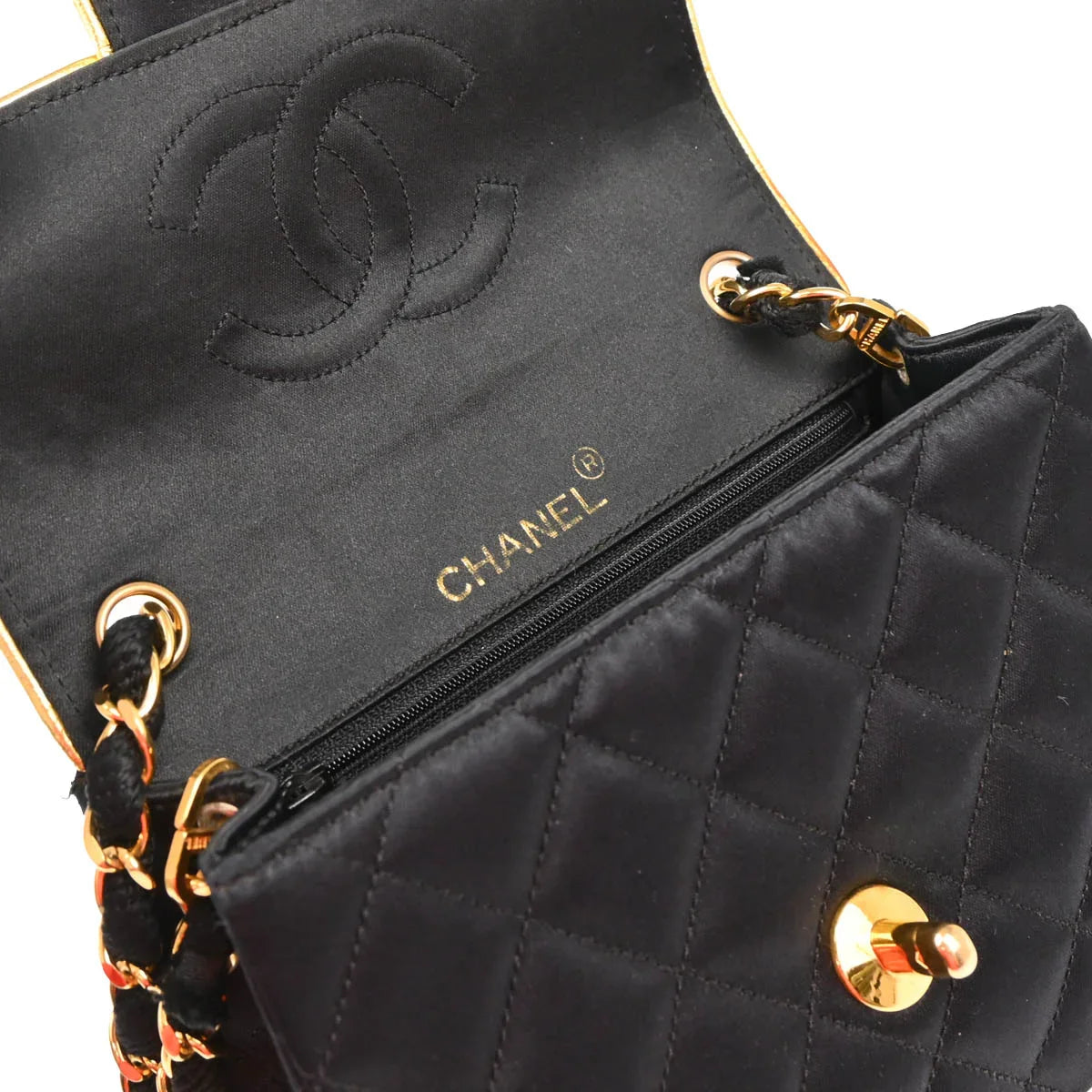 Chanel 1989-1991 Black Satin Mini Classic Square Flap Shoulder Bag