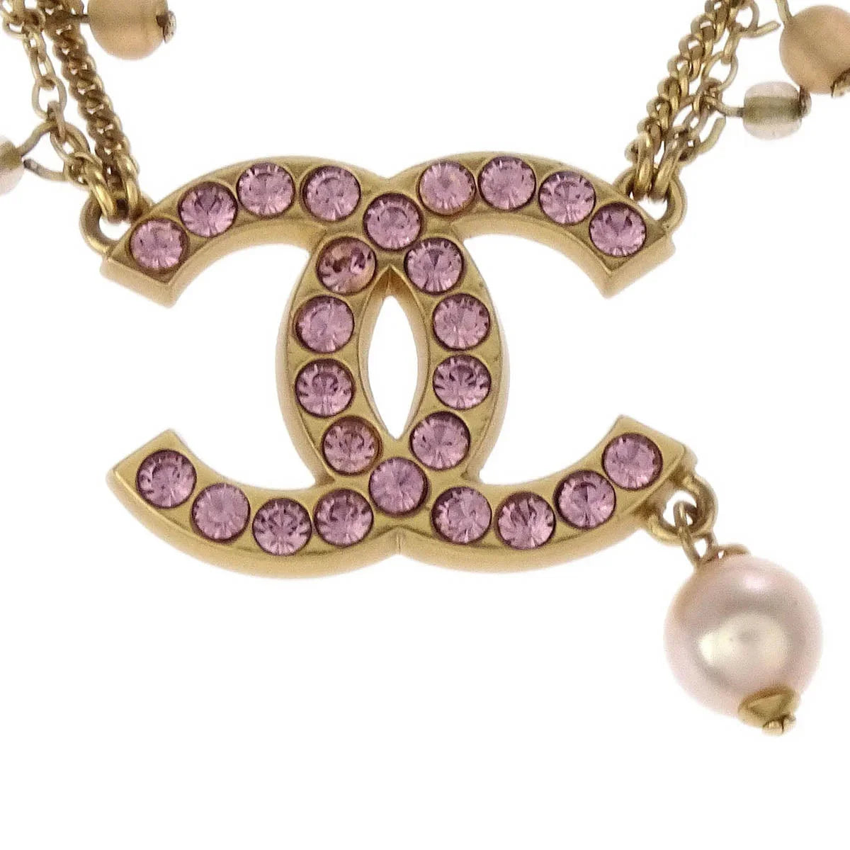 Chanel CC Chain Pendant Necklace Rhinestone Costume Pearl Gold 02P