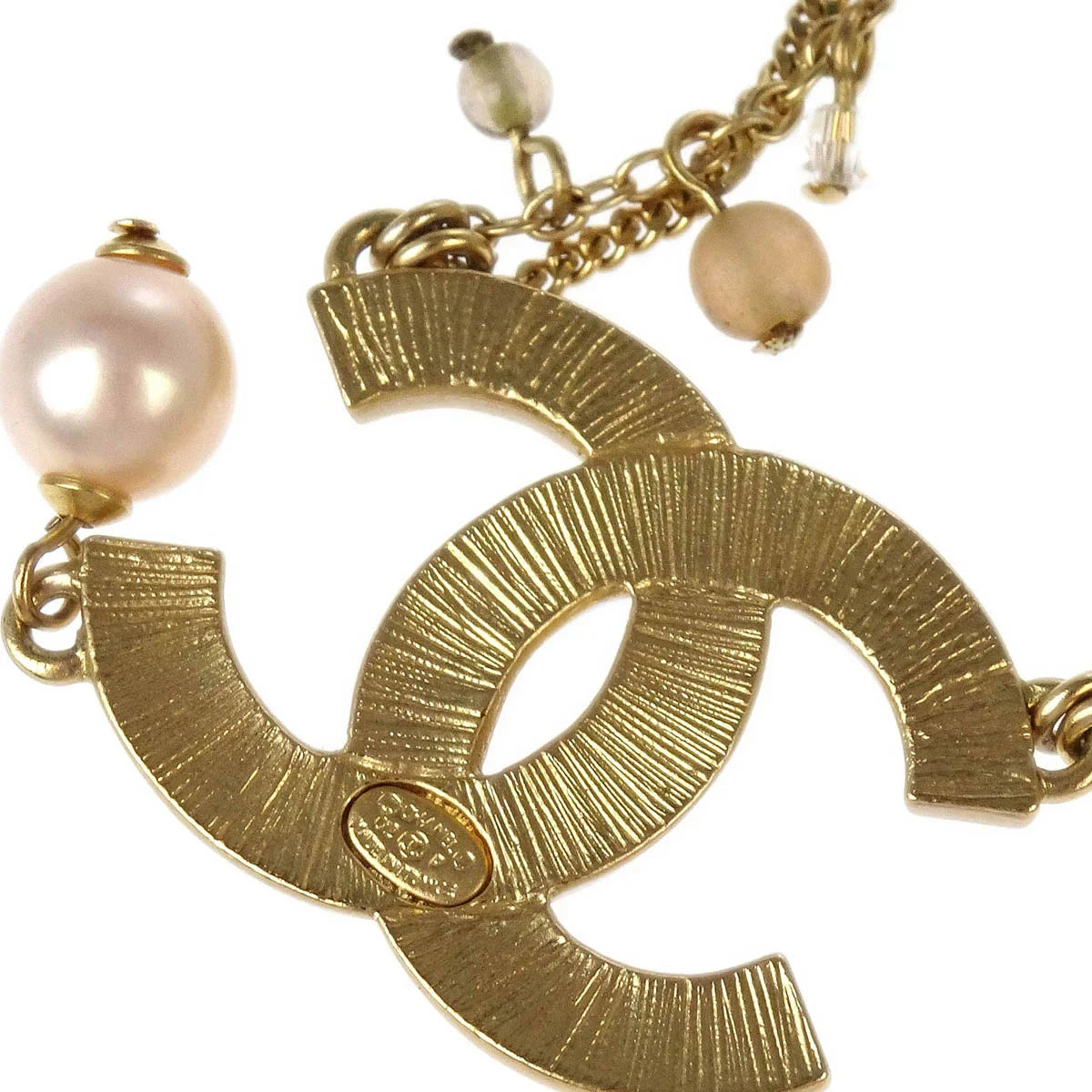 Chanel CC Chain Pendant Necklace Rhinestone Costume Pearl Gold 02P