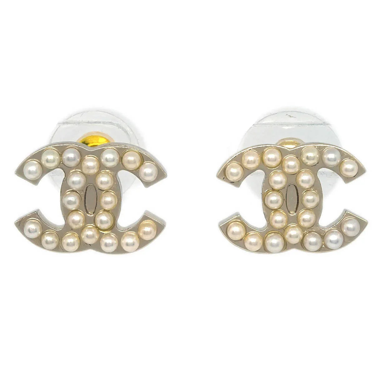 Chanel Piercing Earrings Gold CC Costume Pearl 05V