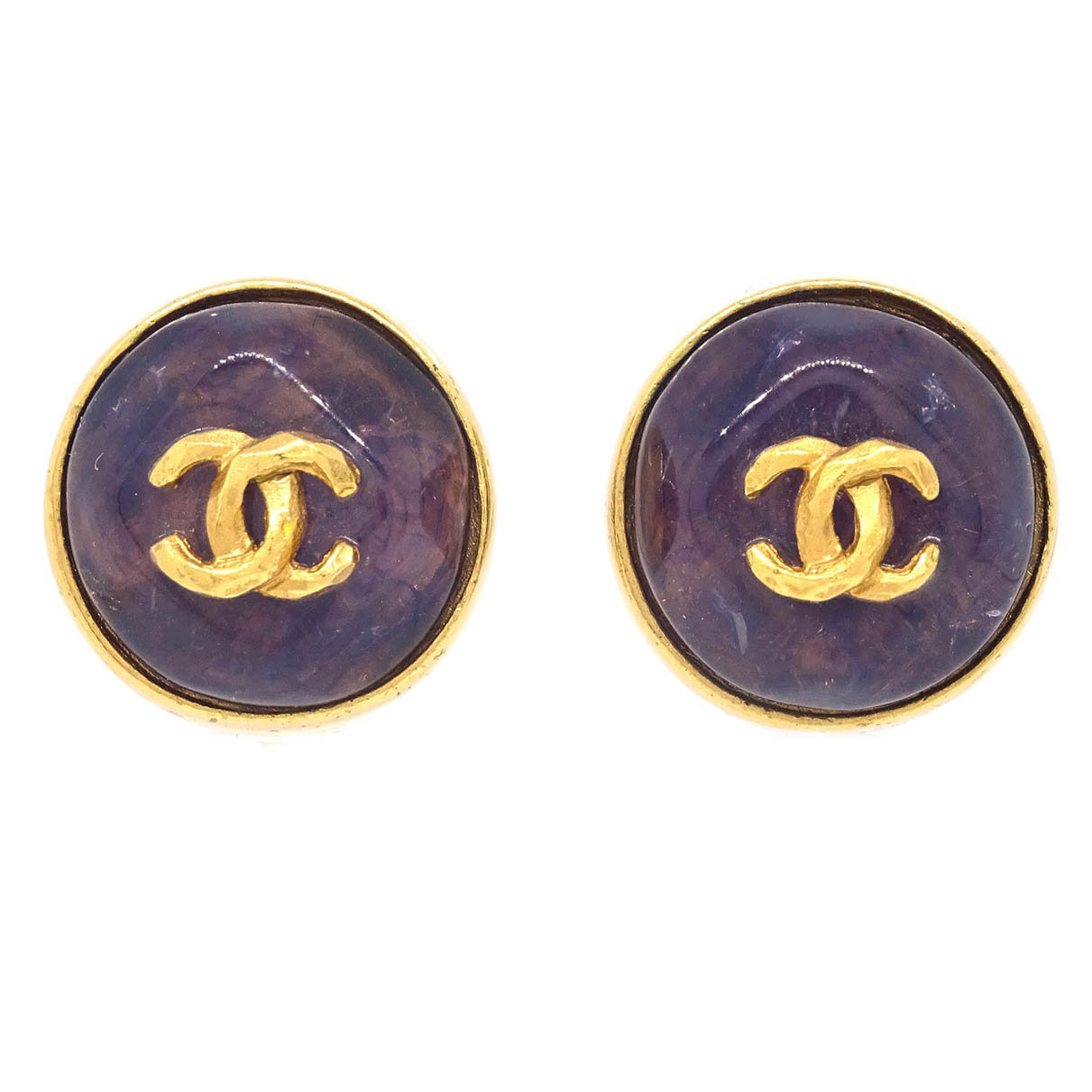 Chanel Gripoix Button Earrings Purple Clip-On 99P
