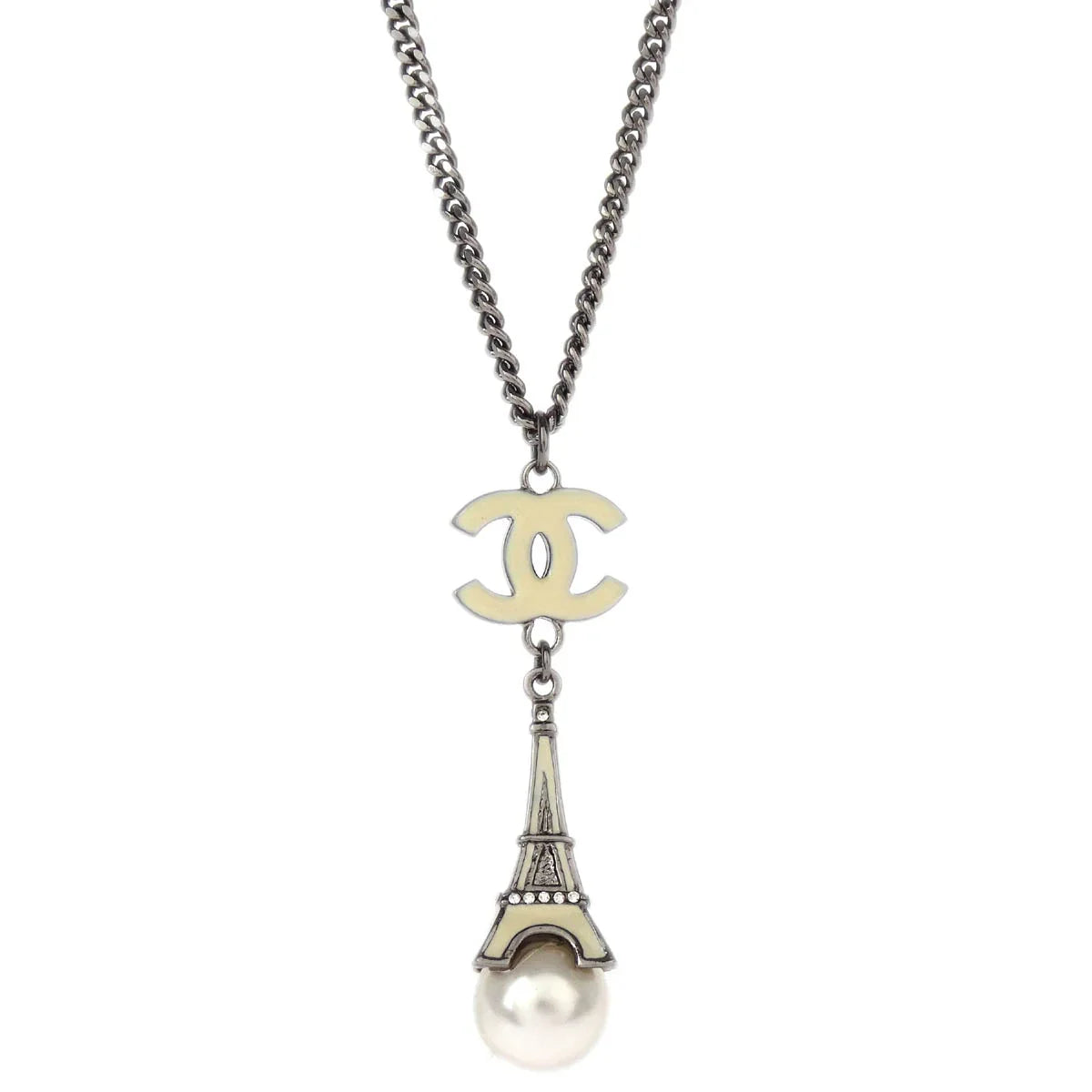 Chanel Eiffel Tower Costume Pearl Rhinestone Silver Chain Necklace 06C