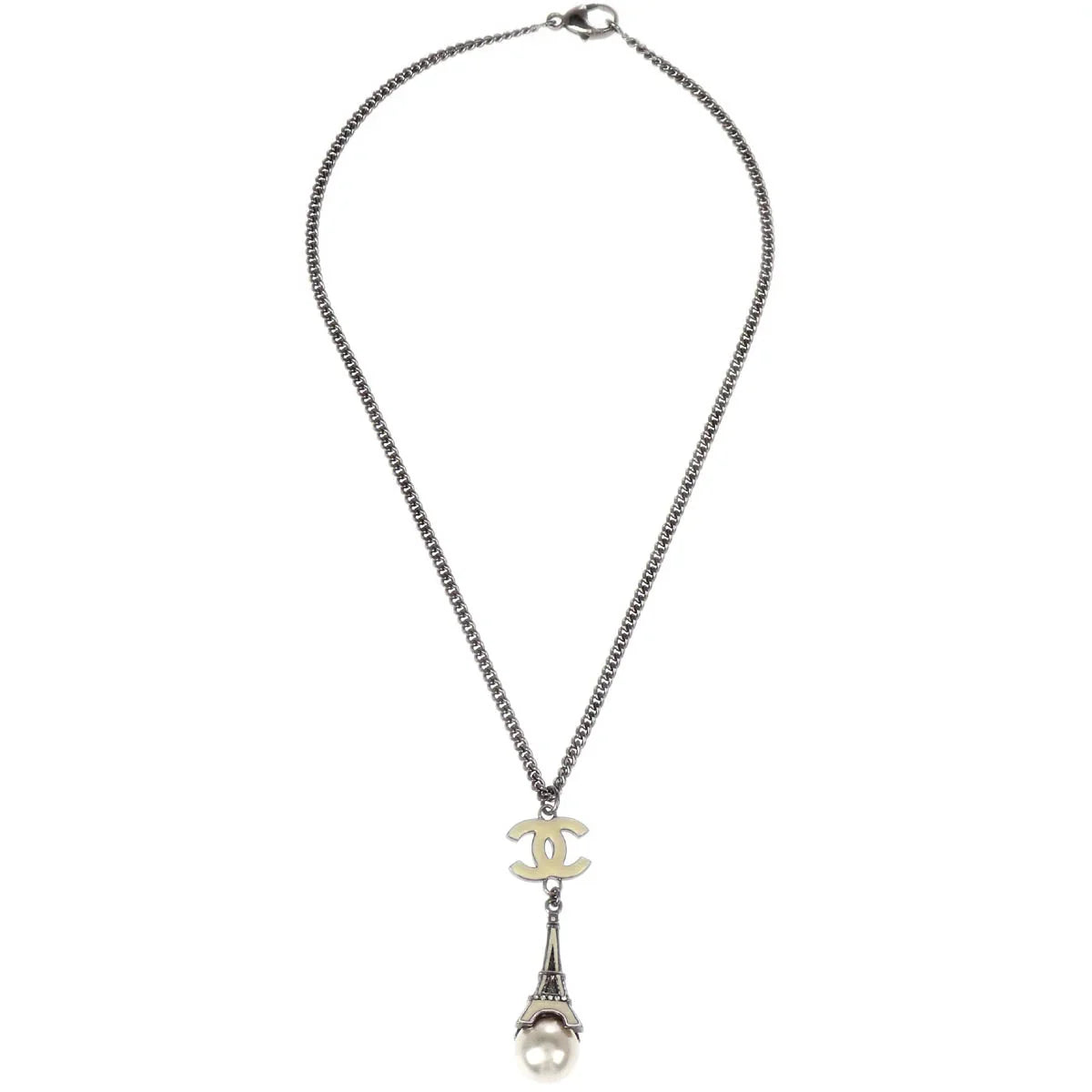 Chanel Eiffel Tower Costume Pearl Rhinestone Silver Chain Necklace 06C