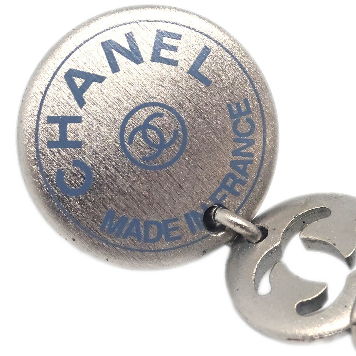 Chanel Button Silver Dangle Piercing Earrings 99A