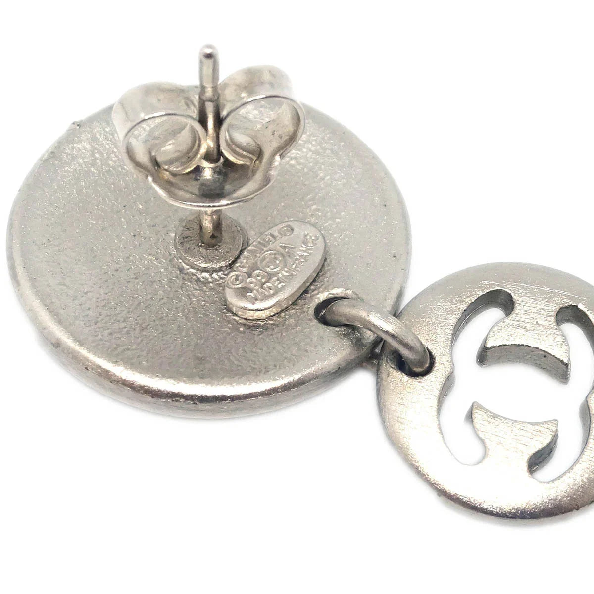 Chanel Button Silver Dangle Piercing Earrings 99A