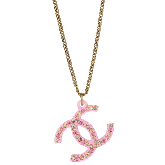Chanel CC Chain Pendant Necklace Rhinestone Gold 04A