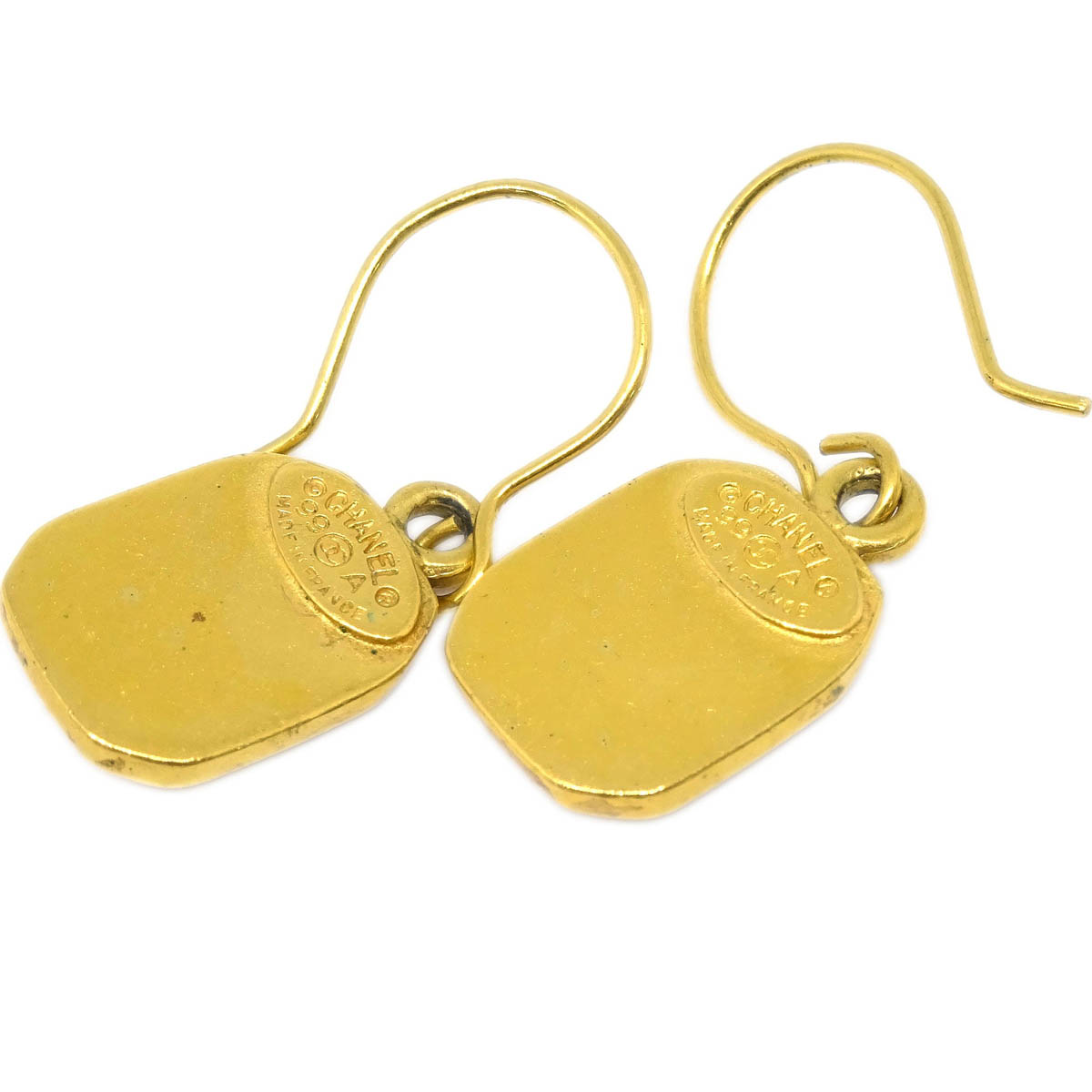 Chanel Dangle Piercing Earrings Rectangle Gold 99A