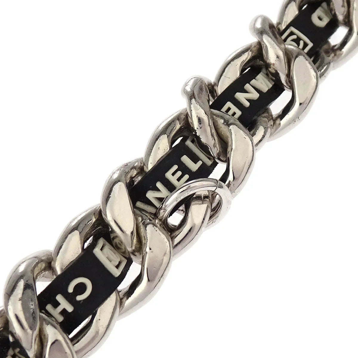 Chanel Silver Black Chain Belt Sport Line Square Charm Small Good 05A