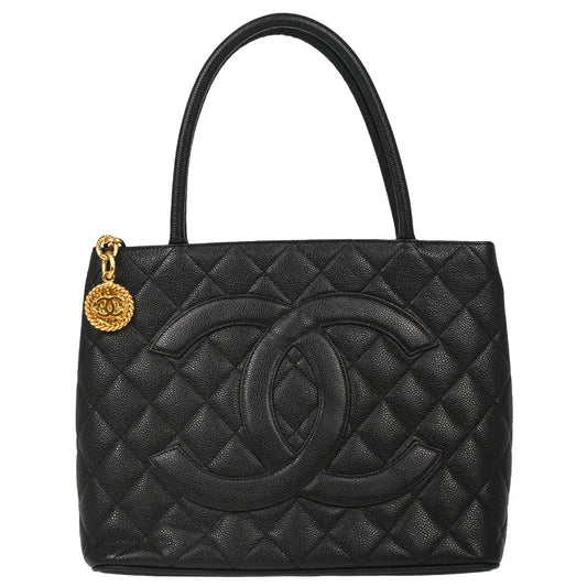 Chanel 2000-2001 Black Caviar Medallion Tote Handbag