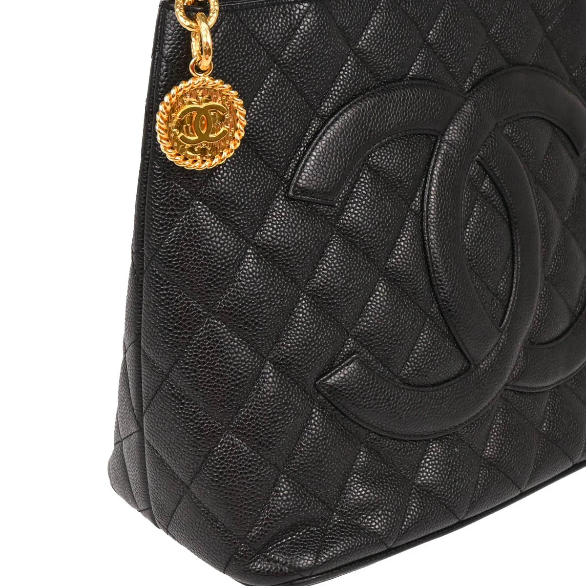 Chanel 2000-2001 Black Caviar Medallion Tote Handbag