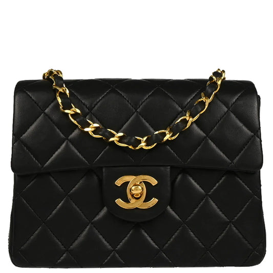 Chanel 1986-1988 Black Lambskin Mini Classic Square Flap Shoulder Bag