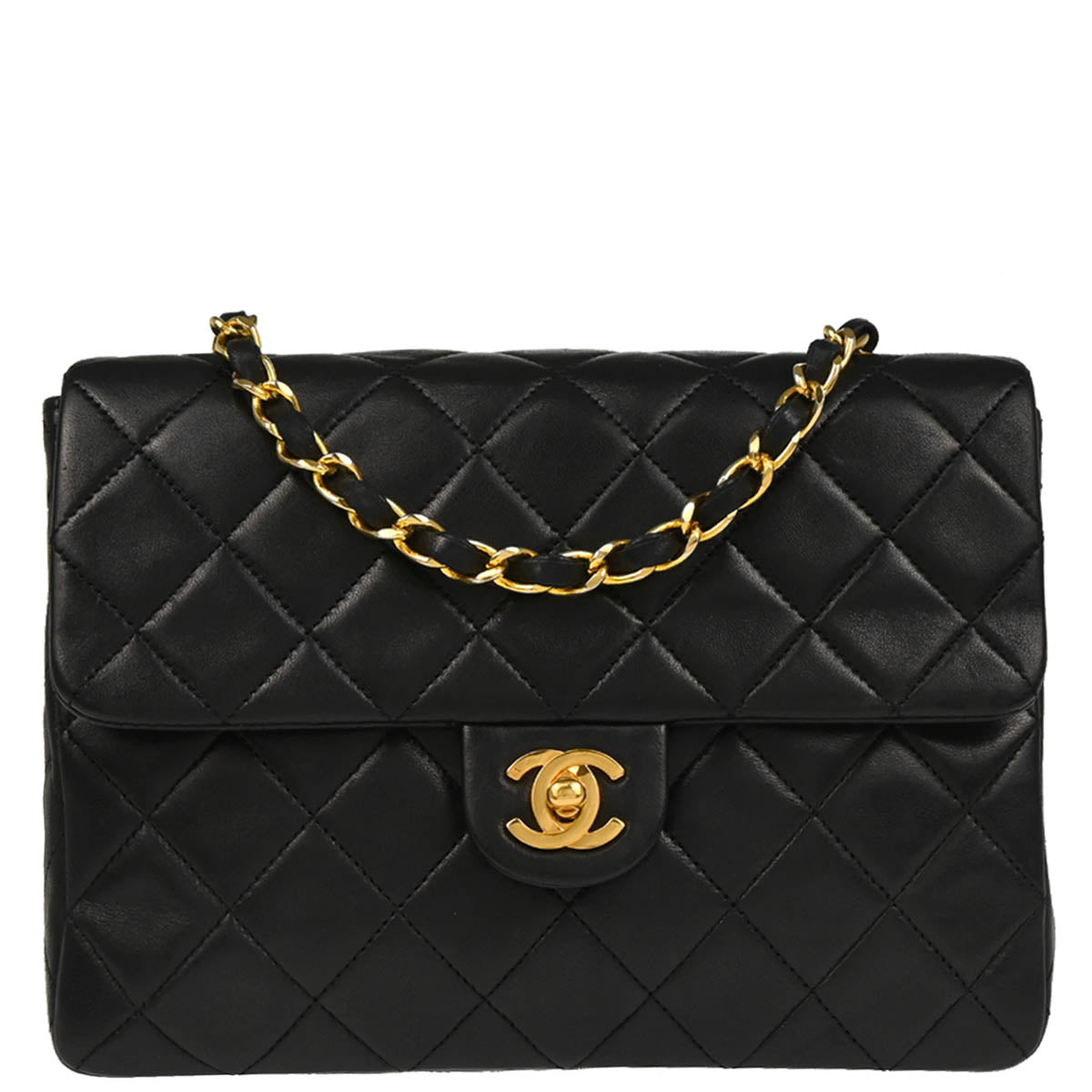 Chanel 1989-1991 Black Lambskin Classic Square Flap Shoulder Bag