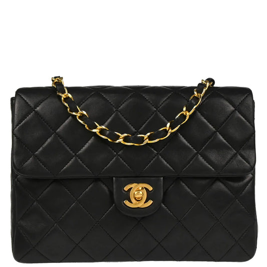 Chanel 1989-1991 Black Lambskin Classic Square Flap Shoulder Bag