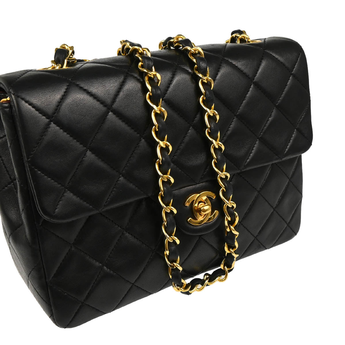 Chanel 1989-1991 Black Lambskin Classic Square Flap Shoulder Bag