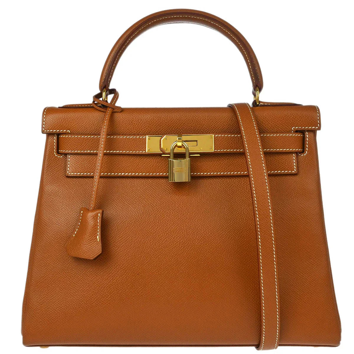 Hermes 1997 Gold Courchevel Kelly 28 Retourne 2way Shoulder Handbag