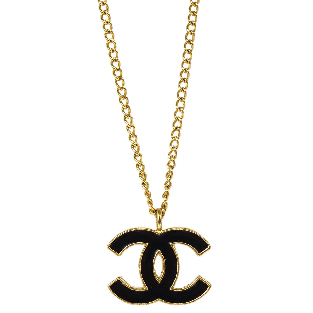 Chanel CC Chain Necklace Pendant Gold Black 02A