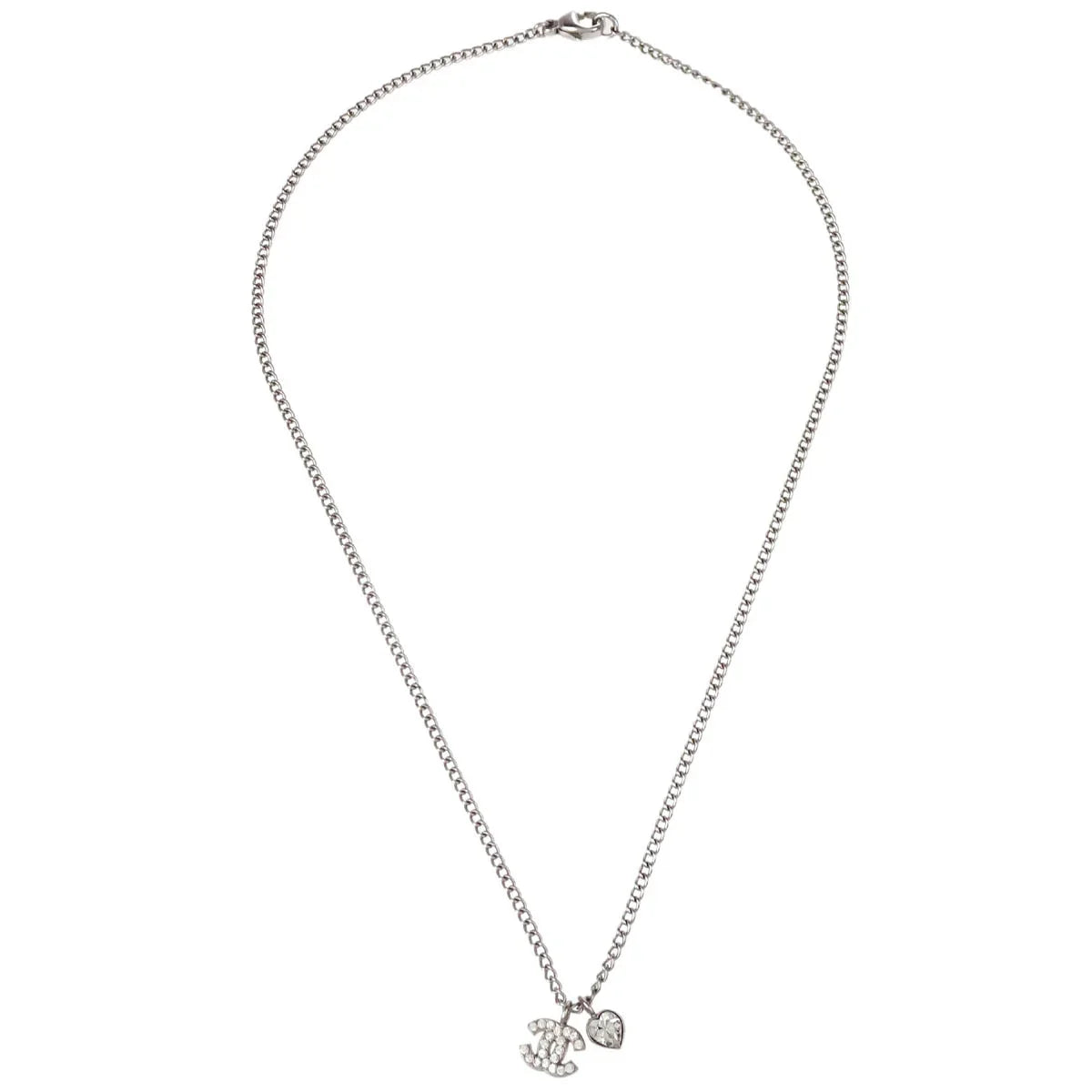 Chanel CC Chain Necklace Pendant Rhinestone Silver 04A