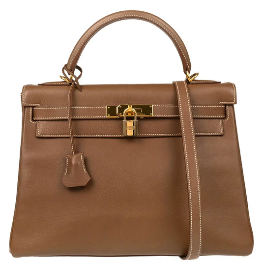 Hermes 2004 Gold Veau Graine Kelly 32 Retourne 2way Shoulder Handbag