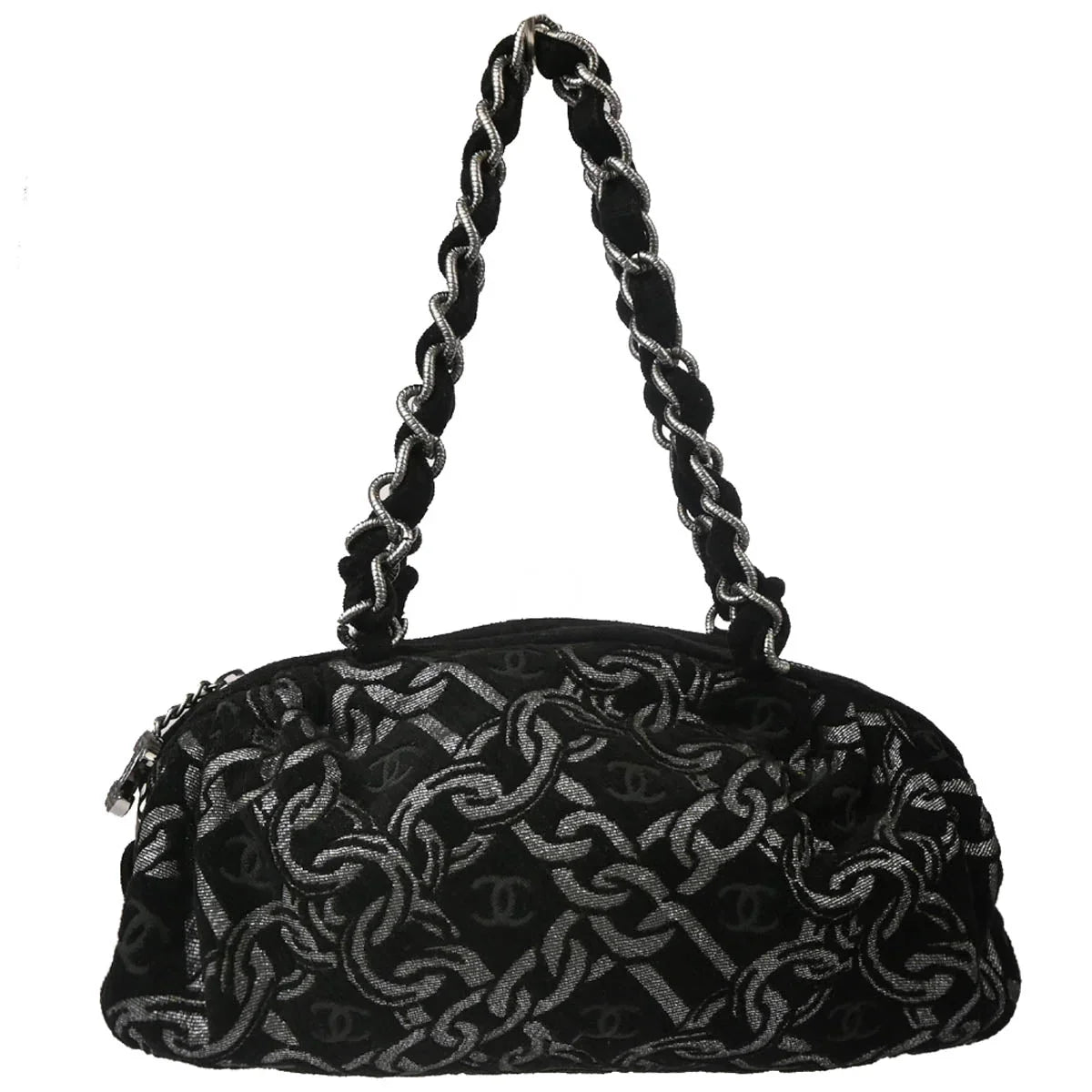 Chanel 2005-2006 Black Silver Cotton Jacquard Chain Handbag